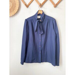 Vintage 60s 70s dark blue bonded knit scarf neck button long‎ slv blouse L